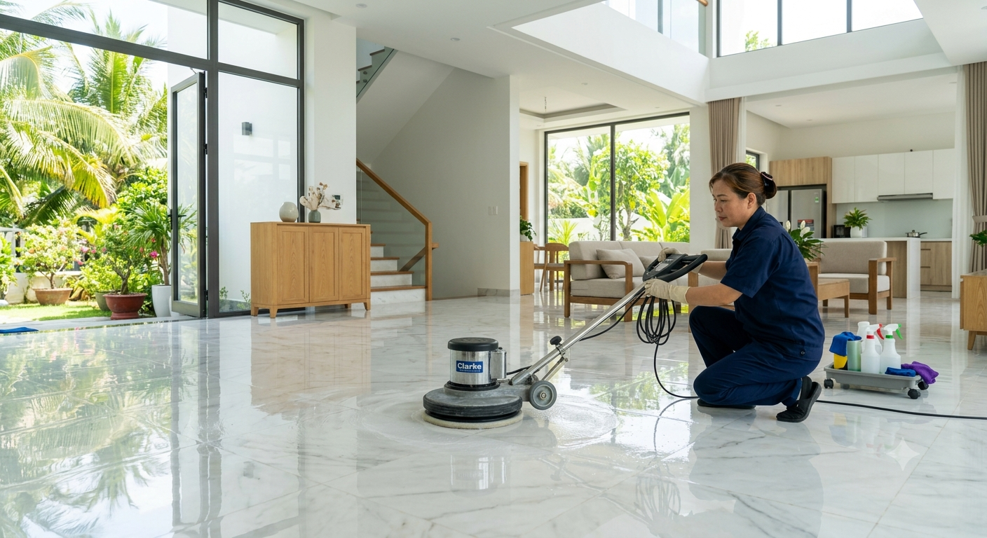 Làm sạch sàn nhà và đánh bóng hoàn thiện không gian